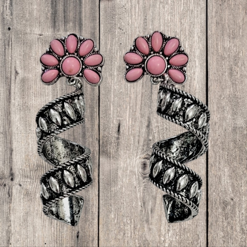 Western Pink Concho And Silver Spiral Earrings New